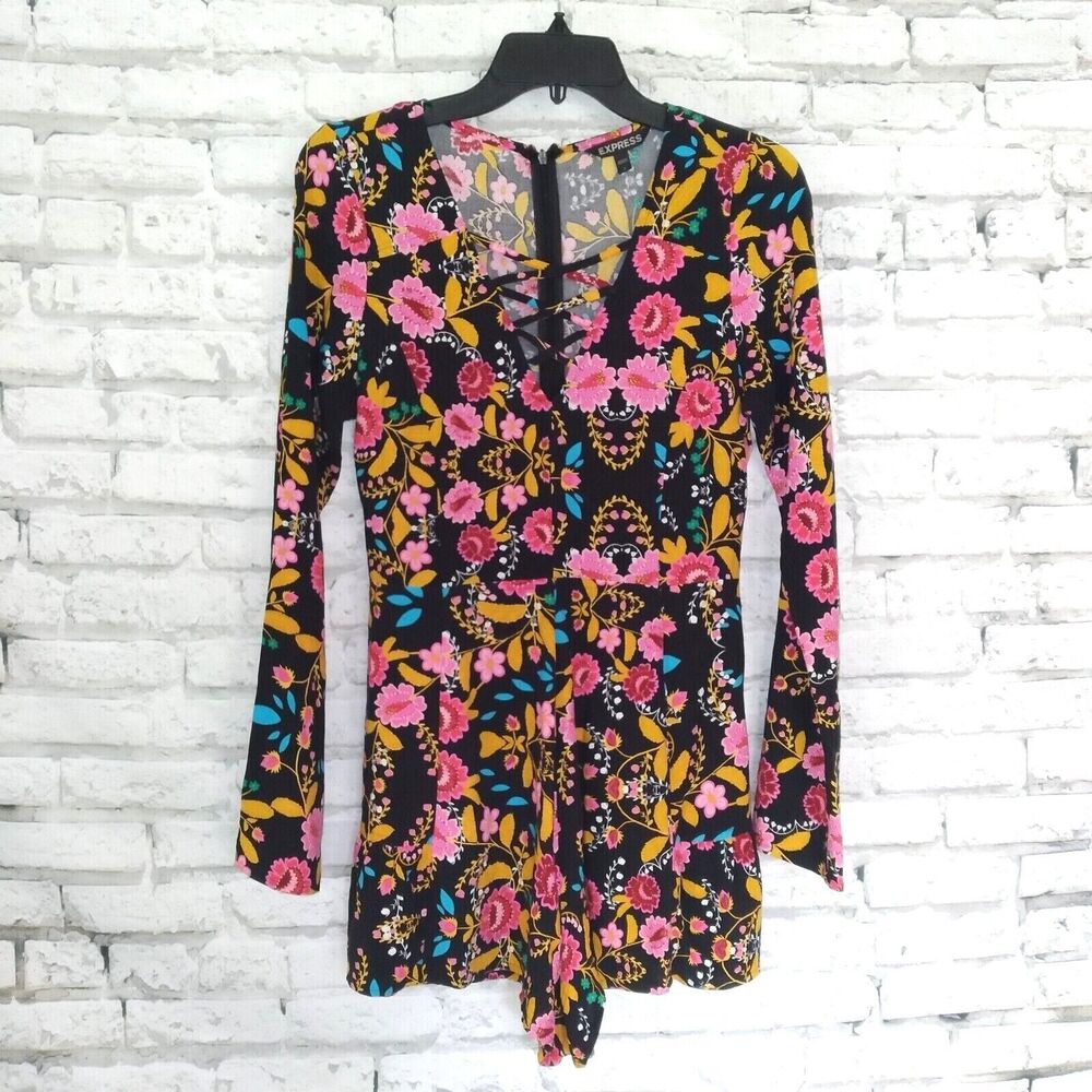 Express Romper Womens 2 Black Floral Cage Neck Flare Long Sleeve Boho